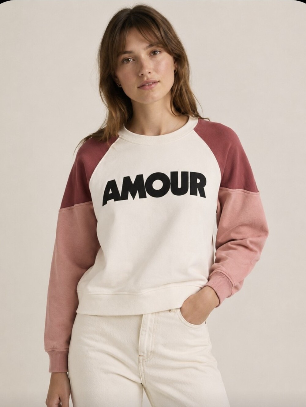 Sézane Amour Colorblock Raglan Sweatshirt Cream Pink Burgundy Size Small NWOT